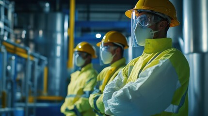 Fototapeta premium Three men in yellow and white safety gear stand in a factory