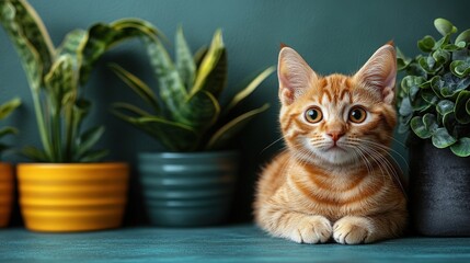 Adorable orange tabby cat resting peacefully among decorative potted plants, showcasing its curious and playful personality in a cozy home setting