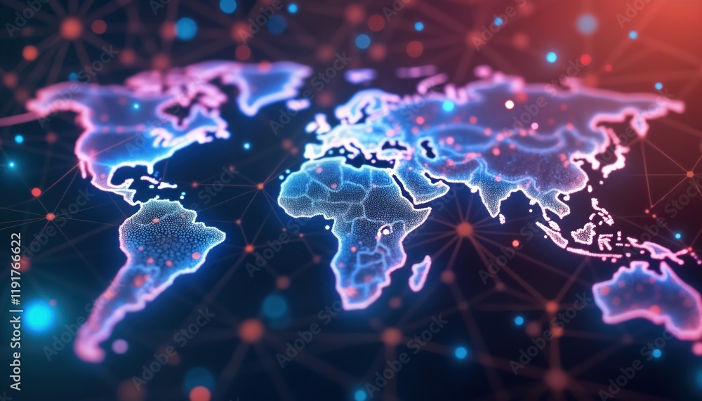 Poster global network visualization. world map with glowing nodes shows connections. abstract design shows 
