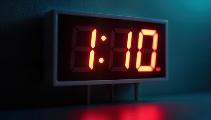 Digital timer with red display counts down from 10 seconds. Dark background creates urgency. Tech device shows countdown time. Photo suggests imminent event alarming situation. Suspenseful countdown.