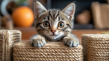 Adorable Tabby Kitten Peeking Over Rope Boxes in Cozy Home Environment, Captivating Expressions with Bright Eyes and Playful Nature