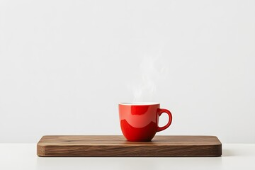 Fototapeta premium Minimalist front view of coffee red cup on brown wooden counter with smooth edges, against clean white background for morning aroma and cafe concepts
