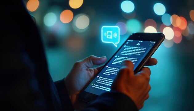 Person uses smartphone for quick AI answers. Night city lights blur background. Person interacts with AI text chat feature on phone. Instant questions, inquiries get quick answers. Modern tech