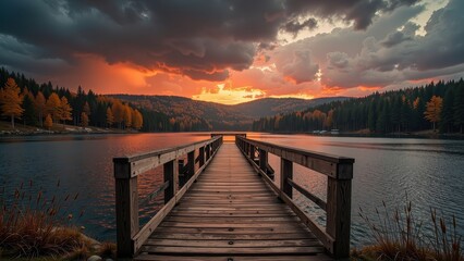 Obraz premium A serene wooden bridge stretches gracefully over tranquil waters, with interlocking planks forming its path, flanked by sturdy railings that sway gently in the breeze