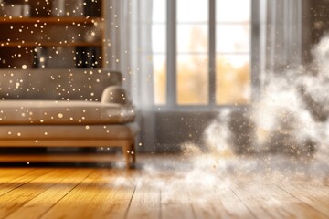 Dust particles floating in a room with sofa and window