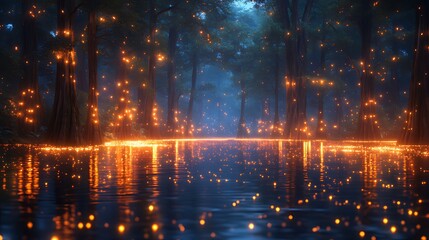 Enchanted forest lake, glowing lights, fantasy, night scene, reflection, magical ambiance, game background