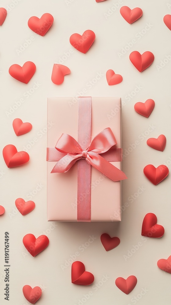Poster pink gift box with a matching ribbon and bow surrounded by small red hearts creating a romantic atmo