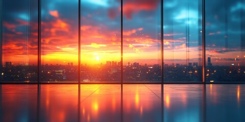 Panoramic view of a vibrant city skyline seen through expansive floor-to-ceiling windows during a breathtaking sunset with colorful skies
