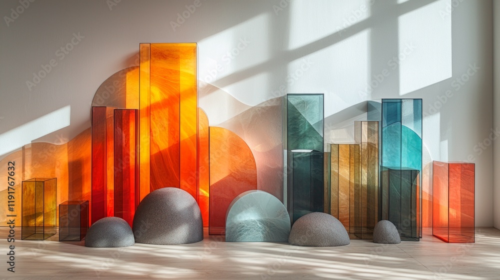 Poster artistic composition showcases colorful blocks glass panels and folded paper forms. light and shadow