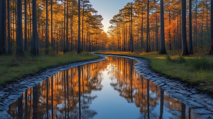 Obraz premium Autumnal swamp sunset, tranquil creek reflection, nature poster