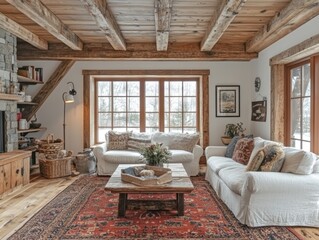 A cozy living room interior features rustic wooden beams, stone fireplace, and plush sofas with vibrant cushions, creating a warm and inviting atmosphere.