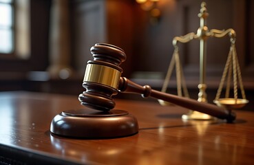 Judge uses gavel in courtroom. Official legal decision announcement. Justice, legal system image. Legal trial scene. Hammer strikes table. Balance scale symbol of justice. Courtroom interior. Serious