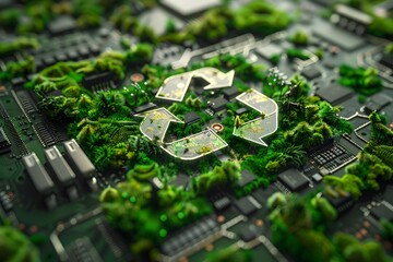Green Vegetation Overgrown Circuit Board with Recycle Symbol