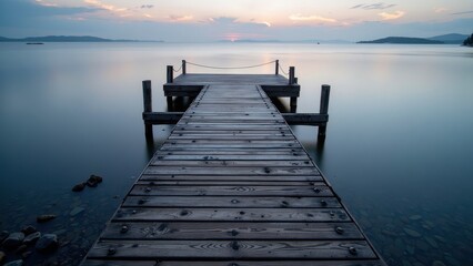 Obraz premium A serene wooden pier stretches gracefully over tranquil waters. Horizontal planks secured by vertical metal bolts invite peaceful reflections on its surface