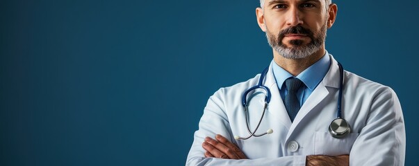Naklejka premium Portrait of a Confident Medical Professional with Stethoscope in White Coat Against a Blue Background Emphasizing Healthcare and Expertise