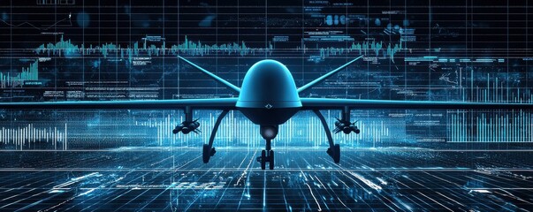 Futuristic military drone standing over a digital cyber interface background