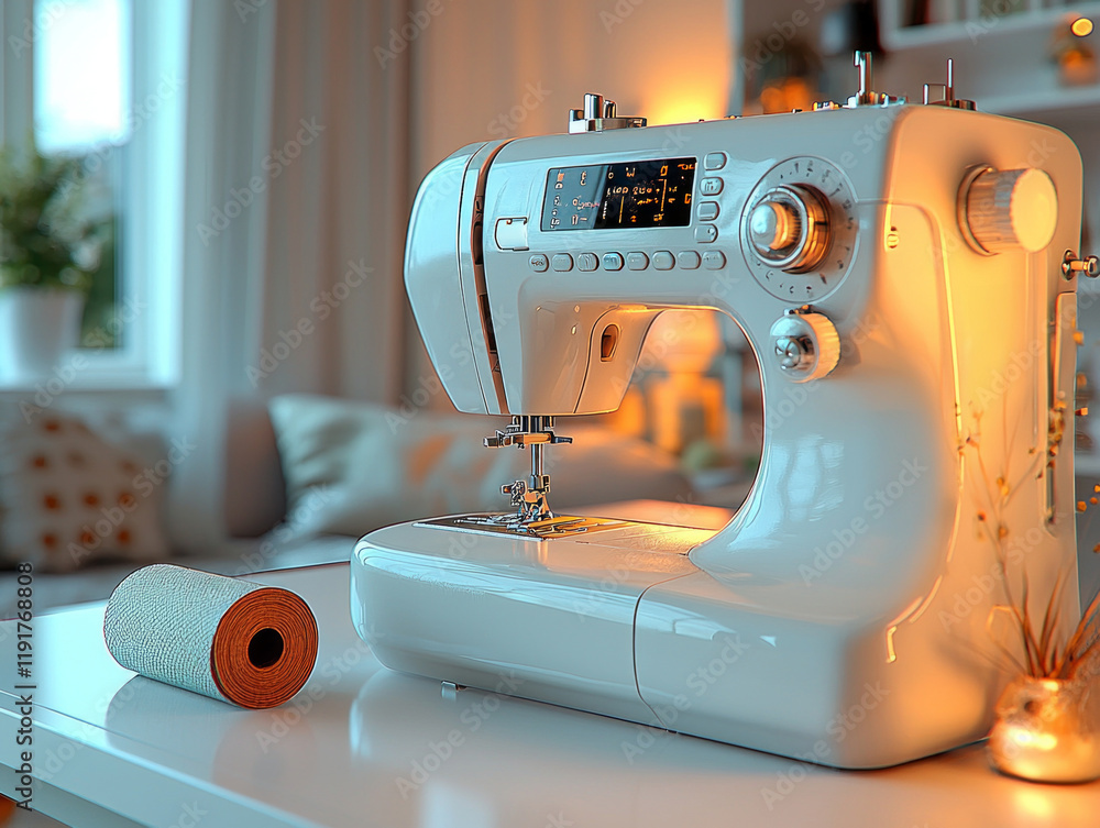 Poster contemporary sewing machine rests on pristine white table ready for use. soft lighting enhances its 