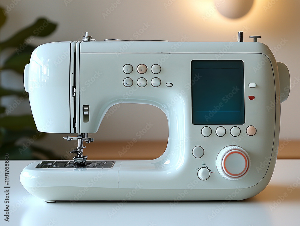 Poster white sewing machine sits on spotless table showcasing its modern buttons and lcd screen. thread and