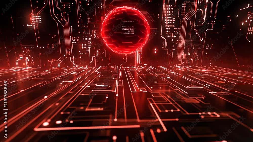 Poster futuristic digital landscape with glowing red circular portal and intricate circuitry design in a cy