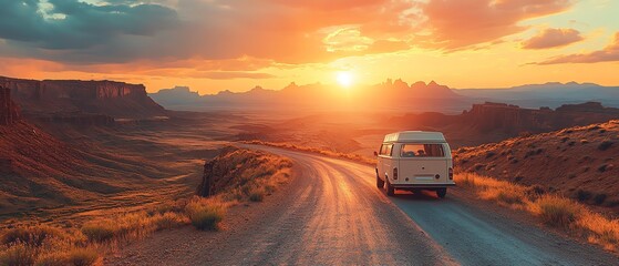 Obraz premium Van on an adventurous road trip, canyon path at sunset, freedom in nature, winding road through mountains, glowing sunset, tranquil atmosphere, epic landscape
