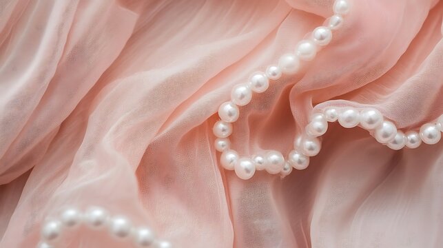 Pearl necklace rests on pale pink fabric