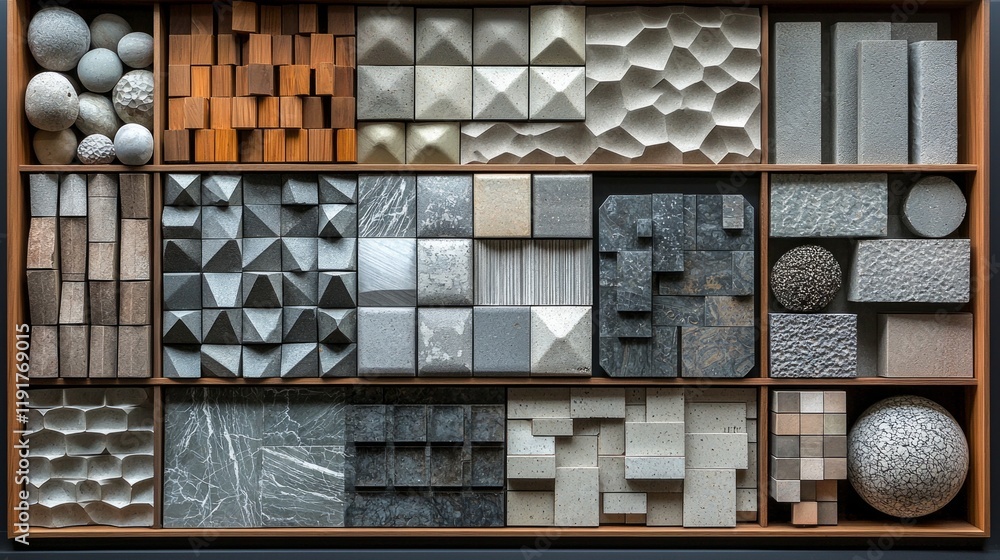 Poster sophisticated layout displays various geometric patterns and textures using neutral tones.