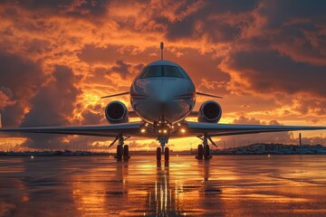 A stunning jet silhouetted against a dramatic sunset on the runway, capturing the essence of travel and luxury in a breathtaking moment at the airport