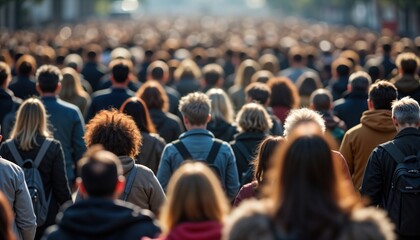 Large crowd of people walking forward in city street. Many people moving together. Image shows demographic trends. City lifestyle. Urban setting. Everyday scene. Concept of large groups, social
