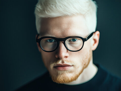 A man with albinism wearing glasses, showcasing his unique features and style.