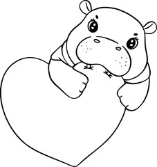 Cute Valentine Pygmy Hippo bites heart outline doodle