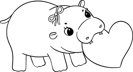 Cute Valentine Moo Deng Pygmy Hippo bites heart outline doodle