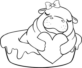 Cute Valentine Pygmy Hippo Sleeping in bathtub with heart outline doodle