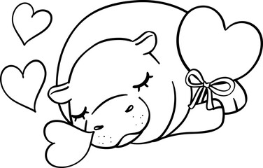Cute Valentine Pygmy Hippo Sleeping with Heart Candy outline doodle