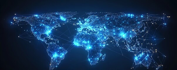 Digital Earth globe, world finance connections, telecommunication network, business trading exchange, glowing data lines, global connectivity, futuristic technology world map