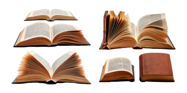 Collection of Open Books with Various Styles and Textures,PNG set collection, isolated on transparent background
