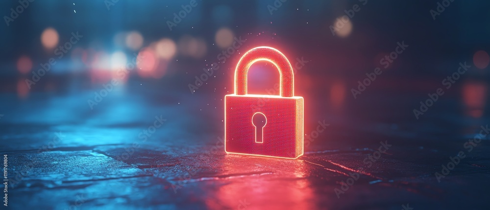 Poster digital padlock with glowing lock symbol, cyber security technology, fraud prevention, data network 