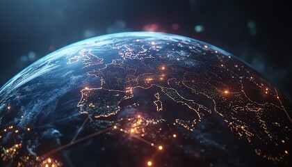 Earth globe with digital finance and business trading, global telecommunication network, glowing interconnected pathways, world economy and digital communication links