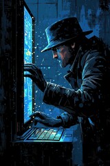 Fototapeta premium Mysterious Figure Using a Computer in a Dark Urban Setting