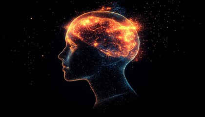 Obraz premium Electronic human head, integrated circuits, artificial intelligence concept, biotechnology innovation, robot progress, digital brain, glowing neural pathways, machine learning