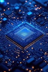 Fototapeta premium Close-up of a blue microchip with circuits on a motherboard