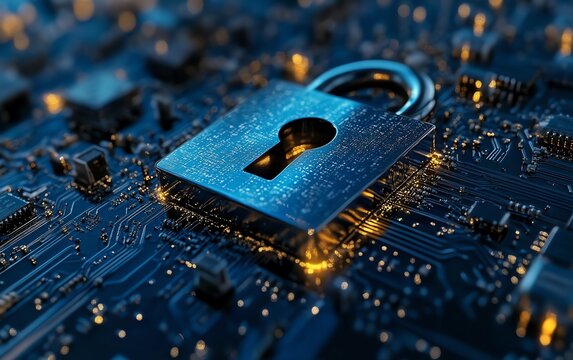 Digital padlock with glowing lock symbol, cyber security technology, fraud prevention, data network privacy protection, dark blue background, secure computing system