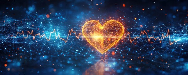 Glowing heart connected with neural pathways and an electrocardiographic signal