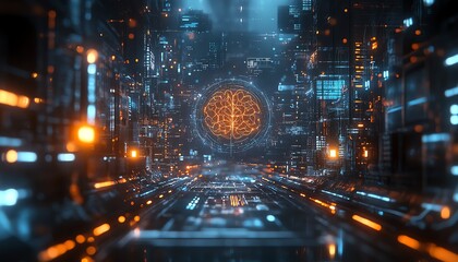 Fototapeta premium Futuristic artificial intelligence brain, quantum computing system with glowing neural networks, biotech innovation, robotic progress, sleek machine learning interfaces