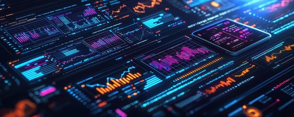 Futuristic Digital Dashboard with Data Graphs and Interactive Visualizations