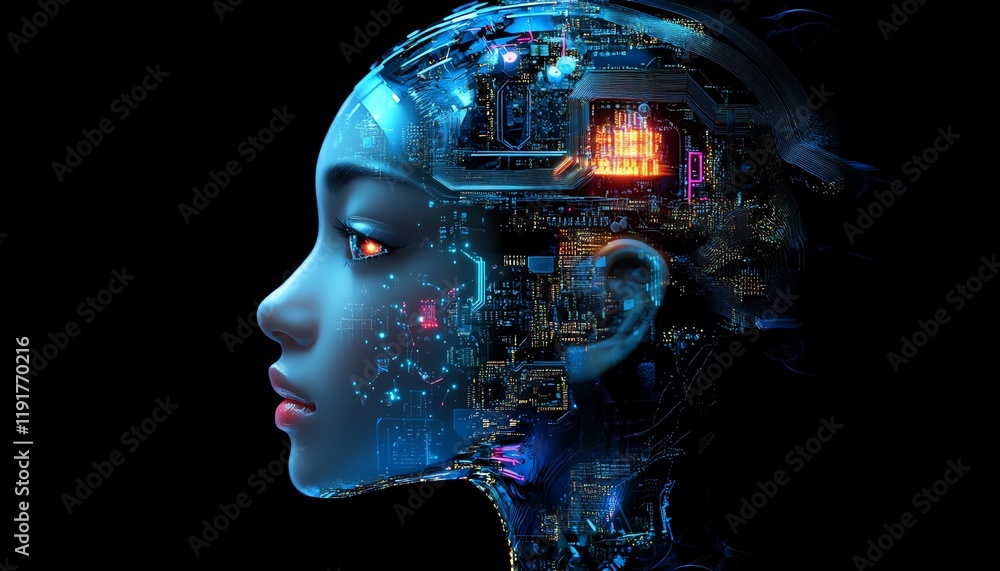 Poster human head with electronic circuits, artificial intelligence integration, biotech innovation, machin