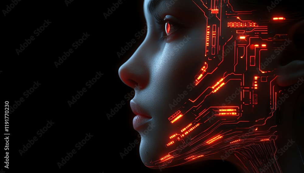 Poster human head with electronic circuits, artificial intelligence integration, biotech innovation, machin