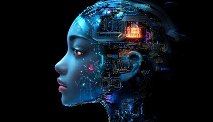 Obraz premium Human head with electronic circuits, artificial intelligence integration, biotech innovation, machine learning concept, advanced robotics, glowing circuits, futuristic technology