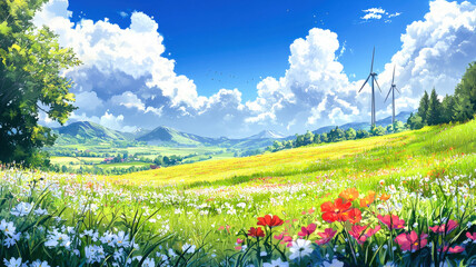 Scenic countryside wallpaper featuring rolling fields, traditional windmills, and colorful wildflowers under a bright, expansive sky, evoking a peaceful, rural atmosphere perfect for nature-inspired