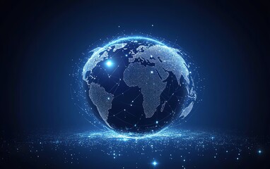 Global telecommunication and finance network, digital Earth globe, business trading links, interconnected world economy, glowing data pathways, futuristic digital network