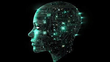 Obraz premium Human head with electronic circuits, artificial intelligence integration, biotech innovation, machine learning concept, advanced robotics, glowing circuits, futuristic technology